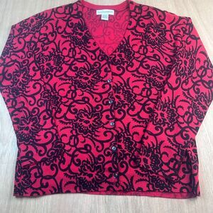 Sag Harbor Red Black Floral Knit Cardigan Sweater Button Front Womens L